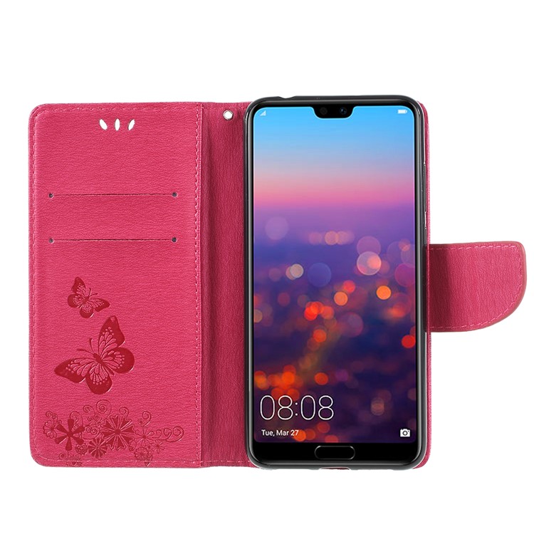 For Huawei P20 Pro Imprint Butterfly Flower Wallet Stand Leather Shell - Rose-6
