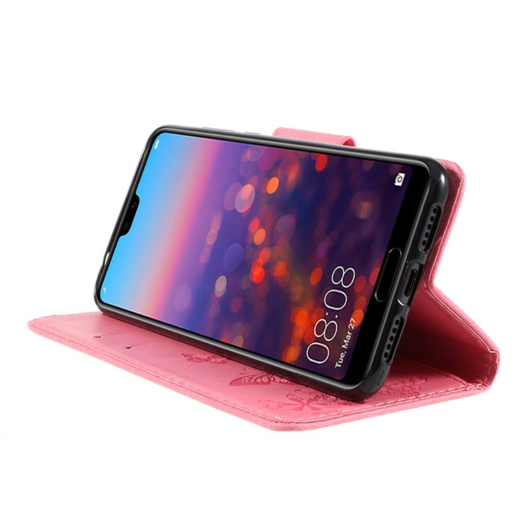 For Huawei P20 Pro Imprint Butterfly Flower Wallet Stand Leather Phone Case - Pink-4