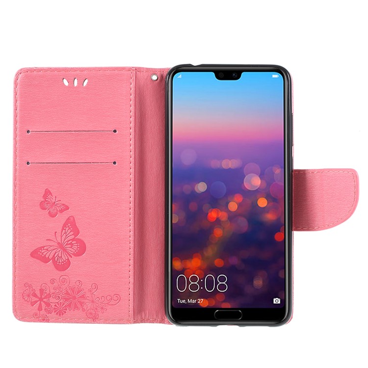 For Huawei P20 Pro Imprint Butterfly Flower Wallet Stand Leather Phone Case - Pink-6