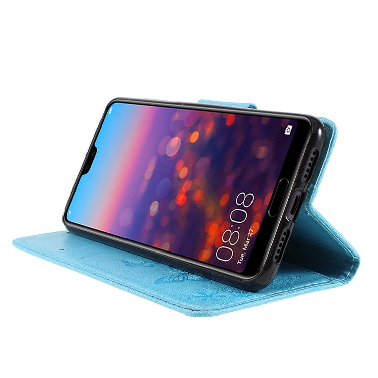 For Huawei P20 Pro Imprint Butterfly Flower Wallet Stand Leather Phone Cover - Blue-4