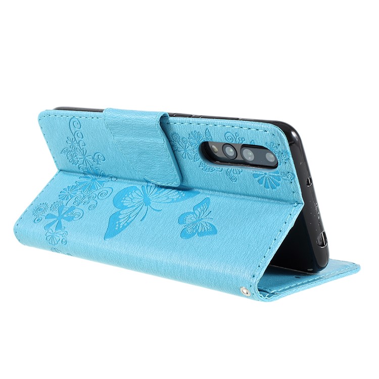For Huawei P20 Pro Imprint Butterfly Flower Wallet Stand Leather Phone Cover - Blue-5