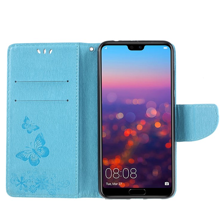 For Huawei P20 Pro Imprint Butterfly Flower Wallet Stand Leather Phone Cover - Blue-6