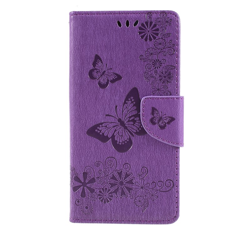 For Huawei P20 Pro Imprint Butterfly Flower Wallet Stand Leather Phone Shell - Purple-1