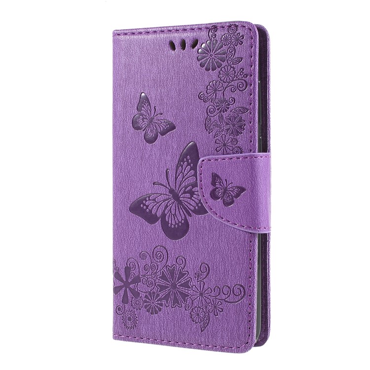 For Huawei P20 Pro Imprint Butterfly Flower Wallet Stand Leather Phone Shell - Purple-2