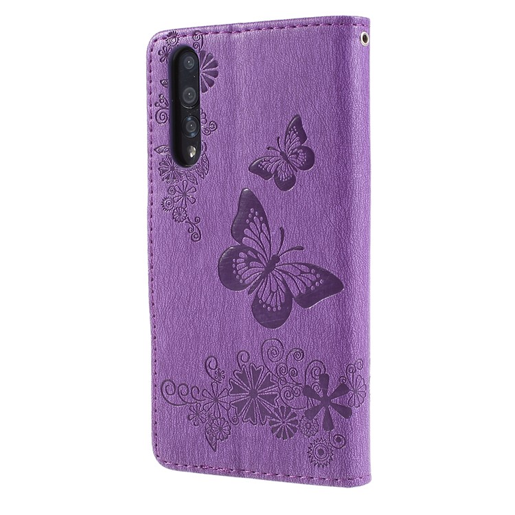 For Huawei P20 Pro Imprint Butterfly Flower Wallet Stand Leather Phone Shell - Purple-3