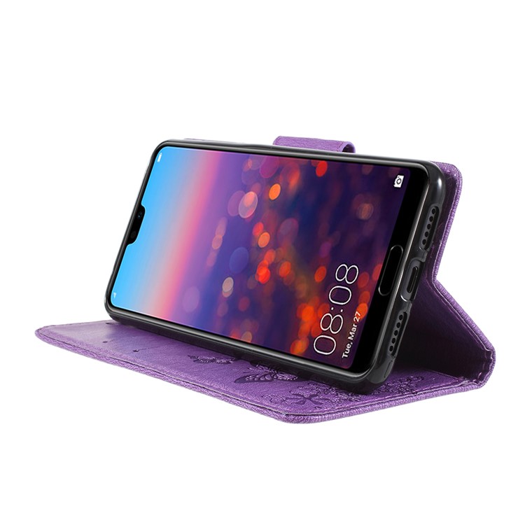 For Huawei P20 Pro Imprint Butterfly Flower Wallet Stand Leather Phone Shell - Purple-4