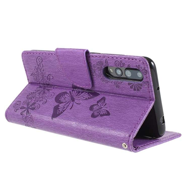For Huawei P20 Pro Imprint Butterfly Flower Wallet Stand Leather Phone Shell - Purple-5