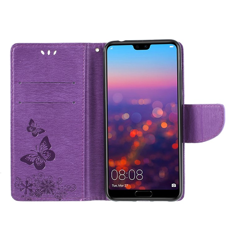 For Huawei P20 Pro Imprint Butterfly Flower Wallet Stand Leather Phone Shell - Purple-6