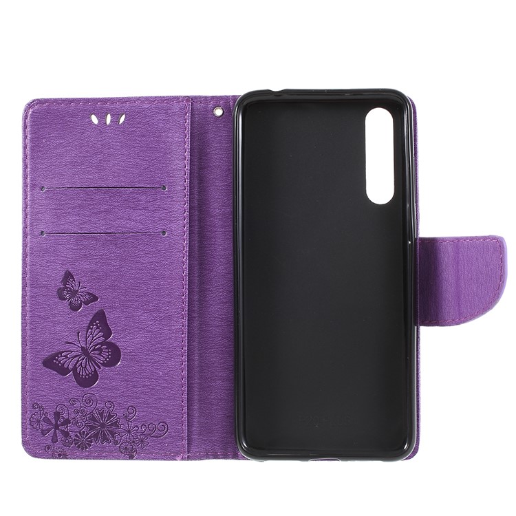 For Huawei P20 Pro Imprint Butterfly Flower Wallet Stand Leather Phone Shell - Purple-7