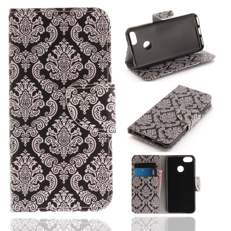 Pattern Printing Leather Stand Cover with Card Slots for Huawei Y6 Pro (2017) / Enjoy 7 / P9 lite mini - Damask Flowers-1