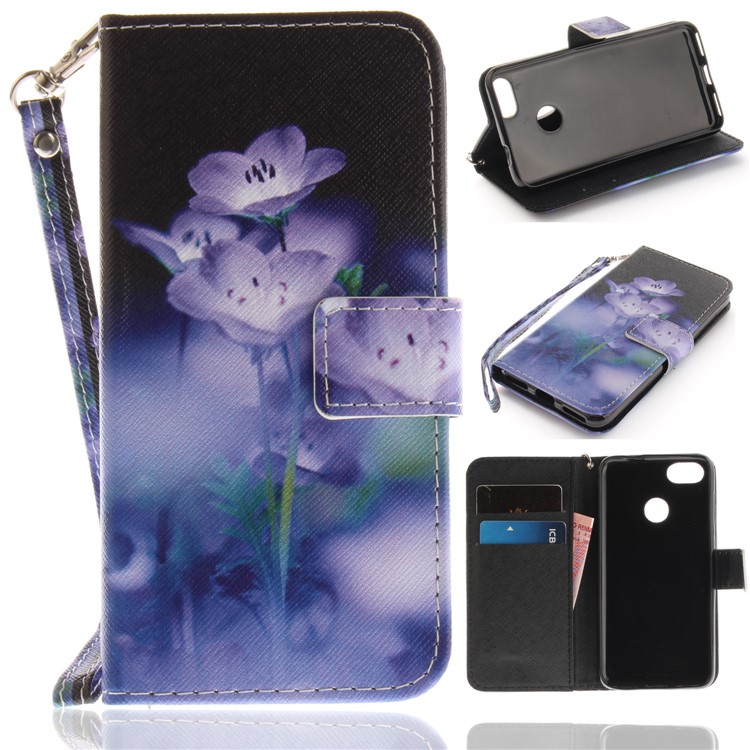 Patterned Wallet Leather Stand Case for Huawei Y6 Pro (2017) / Enjoy 7 / P9 lite mini - Purple Flowers-1