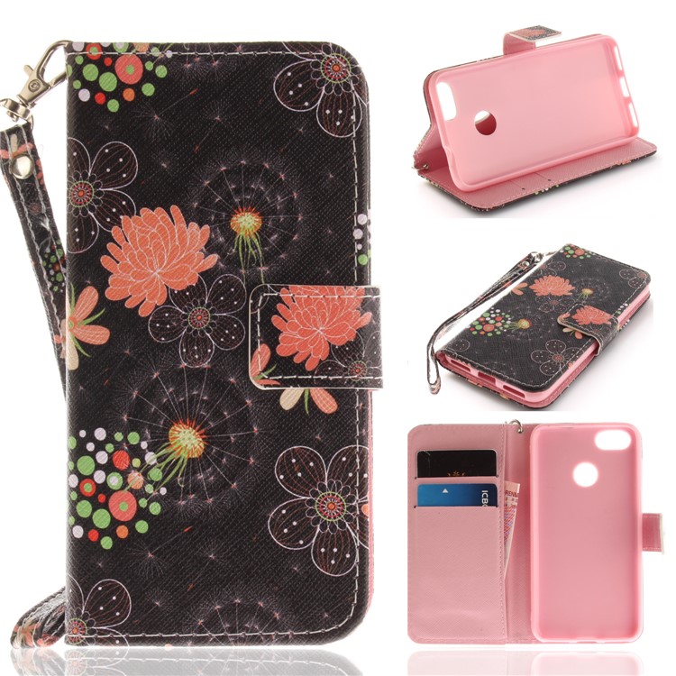 Patterned Leather Card Holder Case for Huawei Y6 Pro (2017) / Enjoy 7 / P9 lite mini - Vivid Flowers-1
