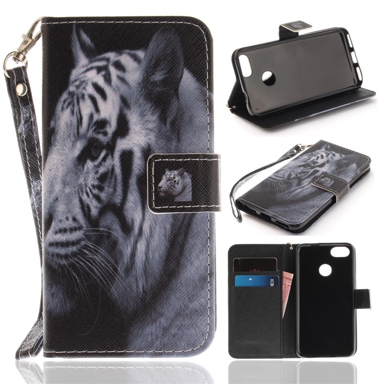 Printing Pattern Magnetic Stand Leather Wallet Cell Phone Shell with Strap for Huawei P9 lite mini/Y6 Pro (2017)/Enjoy 7 - Upset Tiger-1