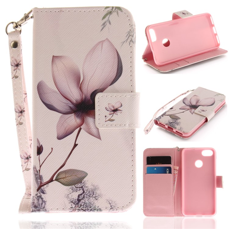 Printing Pattern Magnetic Stand Leather Wallet Mobile Phone Case with Strap for Huawei P9 lite mini/Y6 Pro (2017)/Enjoy 7 - Flower-1