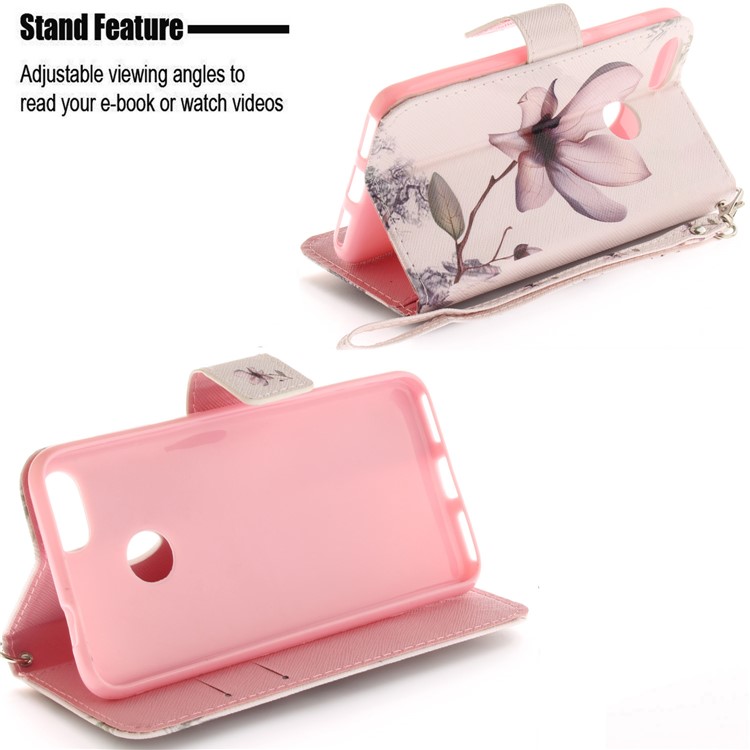 Printing Pattern Magnetic Stand Leather Wallet Mobile Phone Case with Strap for Huawei P9 lite mini/Y6 Pro (2017)/Enjoy 7 - Flower-5