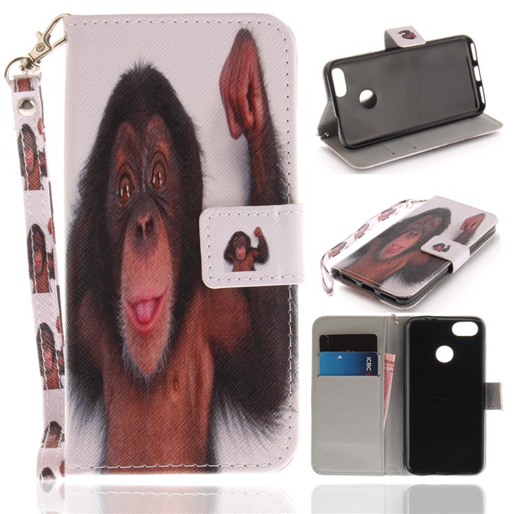 Printing Pattern Magnetic Stand Leather Wallet Mobile Phone Cover with Strap for Huawei P9 lite mini/Y6 Pro (2017)/Enjoy 7 - Orangutan-1