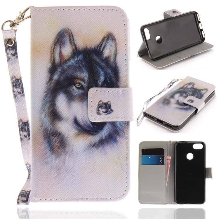 Printing Pattern Magnetic Stand Leather Wallet Protective Shell with Strap for Huawei P9 lite mini/Y6 Pro (2017)/Enjoy 7 - Wolf-1