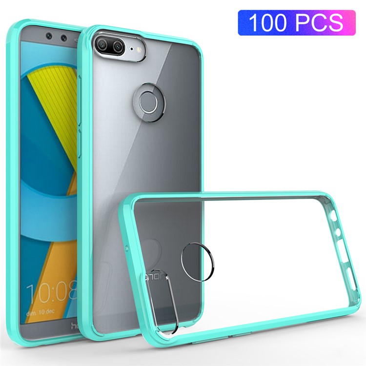 100PCS/Lot Drop-resistant Clear Acrylic + TPU Hybrid Protective Case for Huawei P Smart / Enjoy 7S - Cyan-1