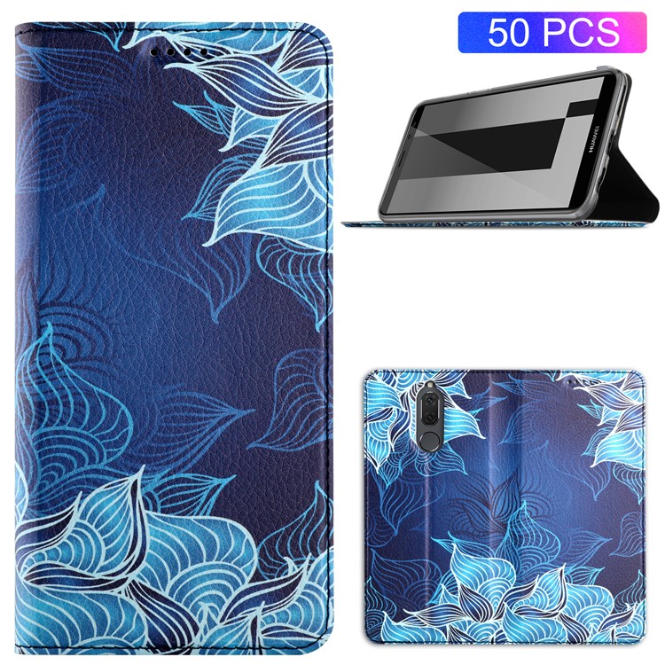 50Pcs/Lot Patterned Leather Stand Case for Huawei Mate 10 Lite / nova 2i / Maimang 6 / Honor 9i (India) - Blue Mandala-1