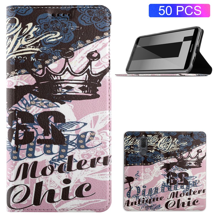 50Pcs/Lot Patterned Leather Stand Shell for Huawei Mate 10 Lite / nova 2i / Maimang 6 / Honor 9i (India) - Crown and Characters-1