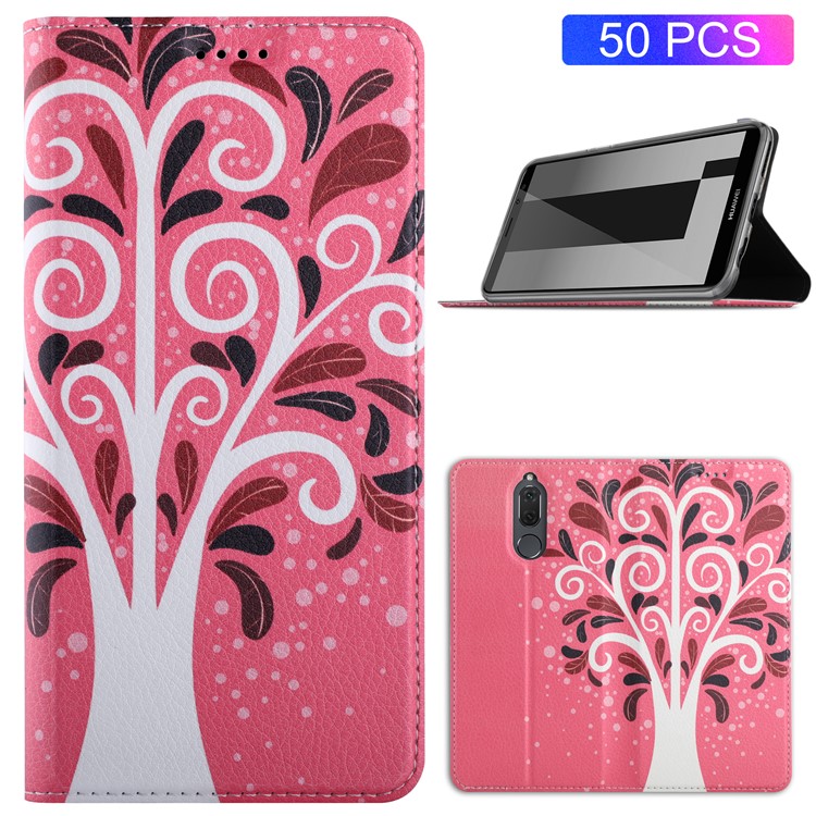 50Pcs/Lot Patterned Leather Card Holder Cover for Huawei Mate 10 Lite / nova 2i / Maimang 6 / Honor 9i (India) - Tree in Red Background-1