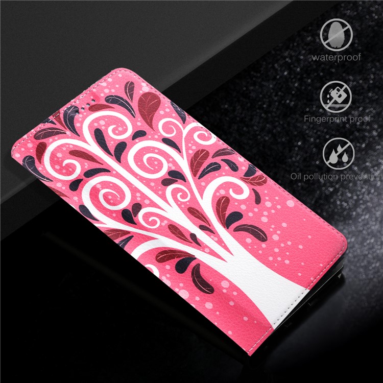 50Pcs/Lot Patterned Leather Card Holder Cover for Huawei Mate 10 Lite / nova 2i / Maimang 6 / Honor 9i (India) - Tree in Red Background-5