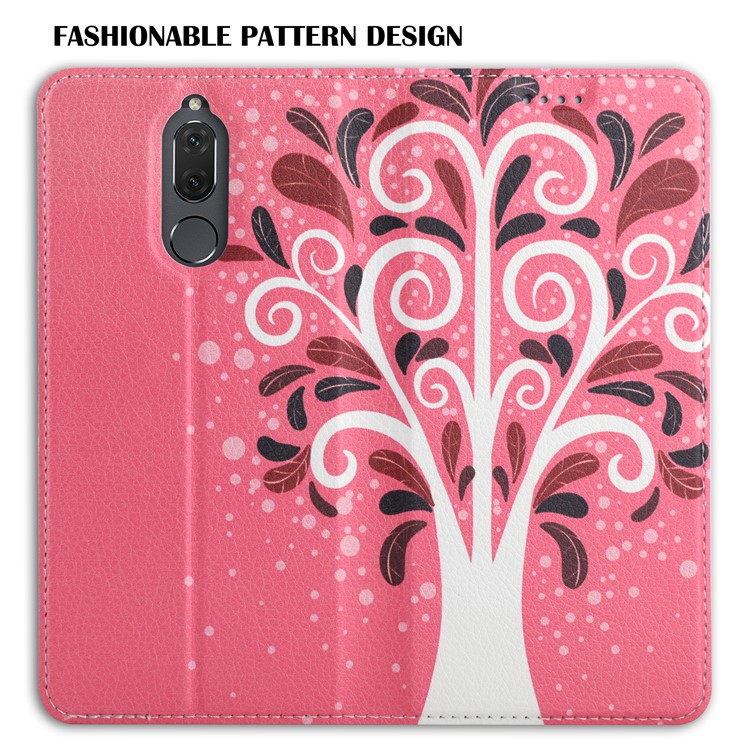 50Pcs/Lot Patterned Leather Card Holder Cover for Huawei Mate 10 Lite / nova 2i / Maimang 6 / Honor 9i (India) - Tree in Red Background-6