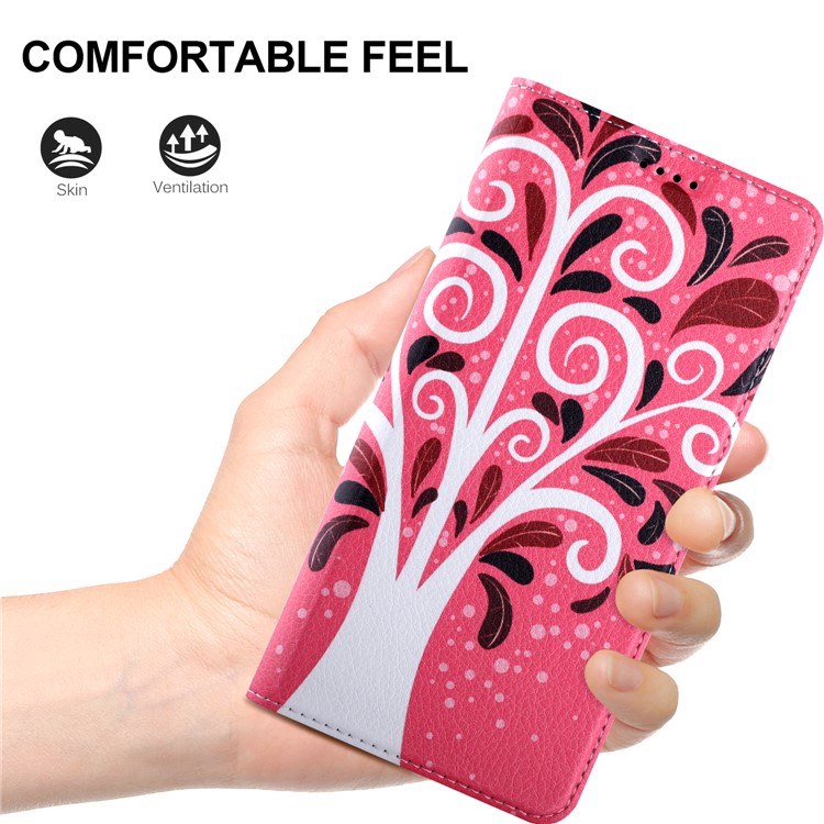 50Pcs/Lot Patterned Leather Card Holder Cover for Huawei Mate 10 Lite / nova 2i / Maimang 6 / Honor 9i (India) - Tree in Red Background-7