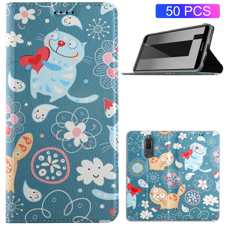 50Pcs/Lot Patterned Leather Card Holder Shell for Huawei Mate 10 Lite / nova 2i / Maimang 6 / Honor 9i (India) - Cartoon Cat-1