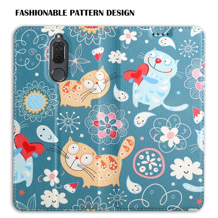 50Pcs/Lot Patterned Leather Card Holder Shell for Huawei Mate 10 Lite / nova 2i / Maimang 6 / Honor 9i (India) - Cartoon Cat-6