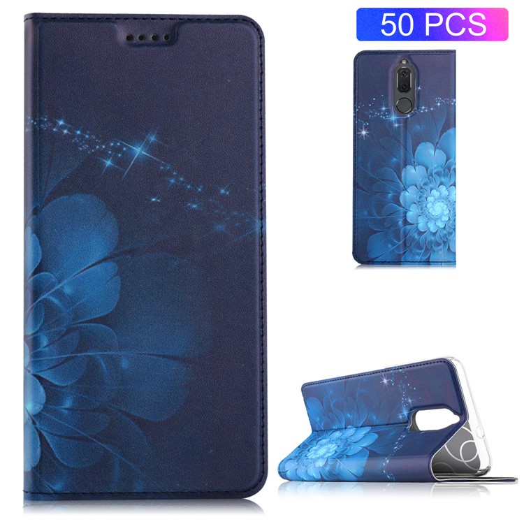 50Pcs/Lot Patterned Leather Card Slot Case for Huawei Mate 10 Lite / nova 2i / Maimang 6 / Honor 9i (India) - Blue Flower-1