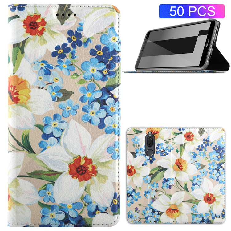 50Pcs/Lot Patterned Leather Card Slot Cover for Huawei Mate 10 Lite / nova 2i / Maimang 6 / Honor 9i (India) - Pretty Blossom-1