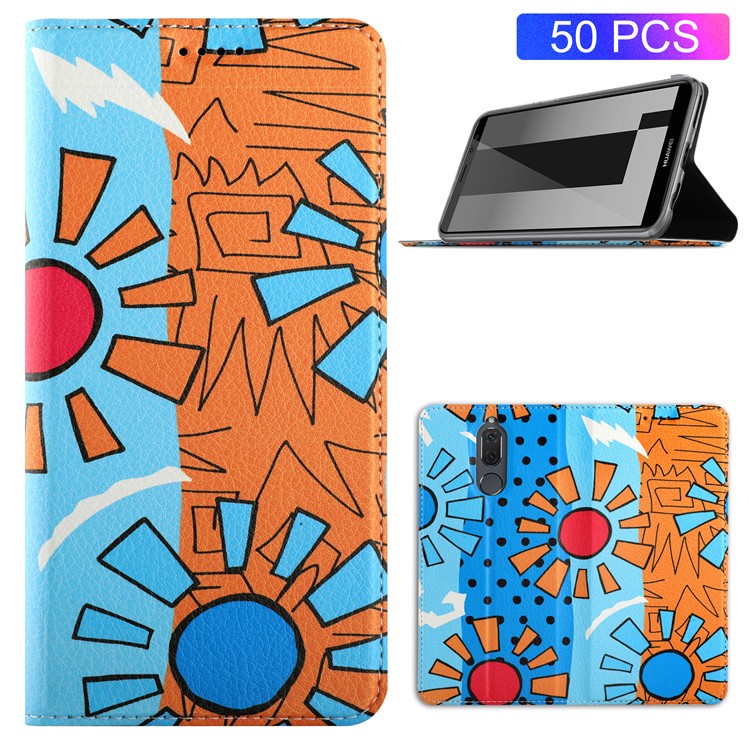 50Pcs/Lot Patterned Leather Auto-absorbed Magnetic Case for Huawei Mate 10 Lite / nova 2i / Maimang 6 / Honor 9i (India) - Colorful Sun Painting-1