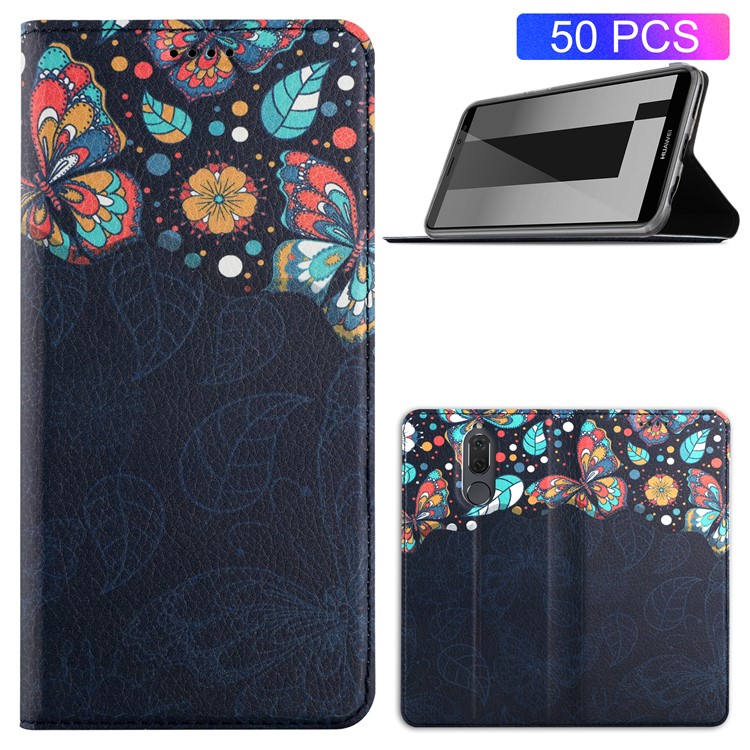 50Pcs/Lot Patterned Leather Auto-absorbed Magnetic Cover for Huawei Mate 10 Lite / nova 2i / Maimang 6 / Honor 9i (India) - Butterflies and Leaves-1