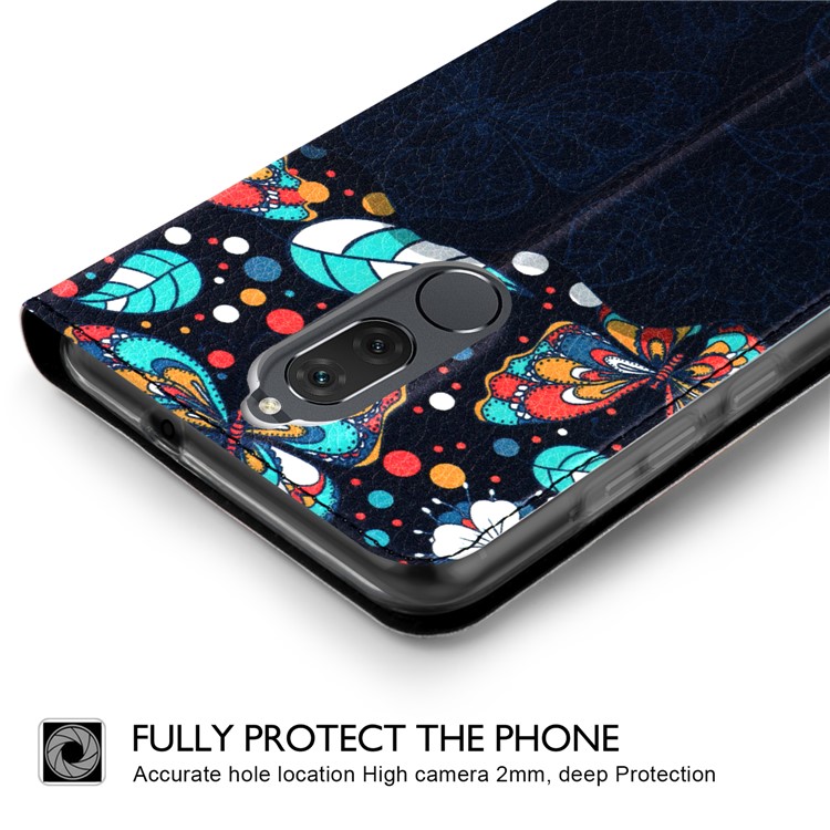 50Pcs/Lot Patterned Leather Auto-absorbed Magnetic Cover for Huawei Mate 10 Lite / nova 2i / Maimang 6 / Honor 9i (India) - Butterflies and Leaves-3