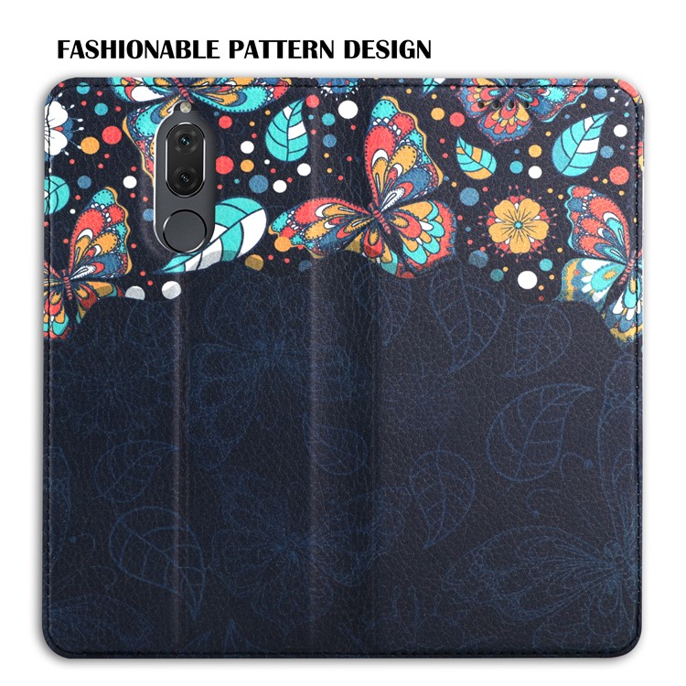 50Pcs/Lot Patterned Leather Auto-absorbed Magnetic Cover for Huawei Mate 10 Lite / nova 2i / Maimang 6 / Honor 9i (India) - Butterflies and Leaves-7
