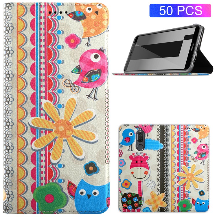 50Pcs/Lot Patterned Leather Auto-absorbed Magnetic Shell for Huawei Mate 10 Lite / nova 2i / Maimang 6 / Honor 9i (India) - Cute Birds and Flower-1