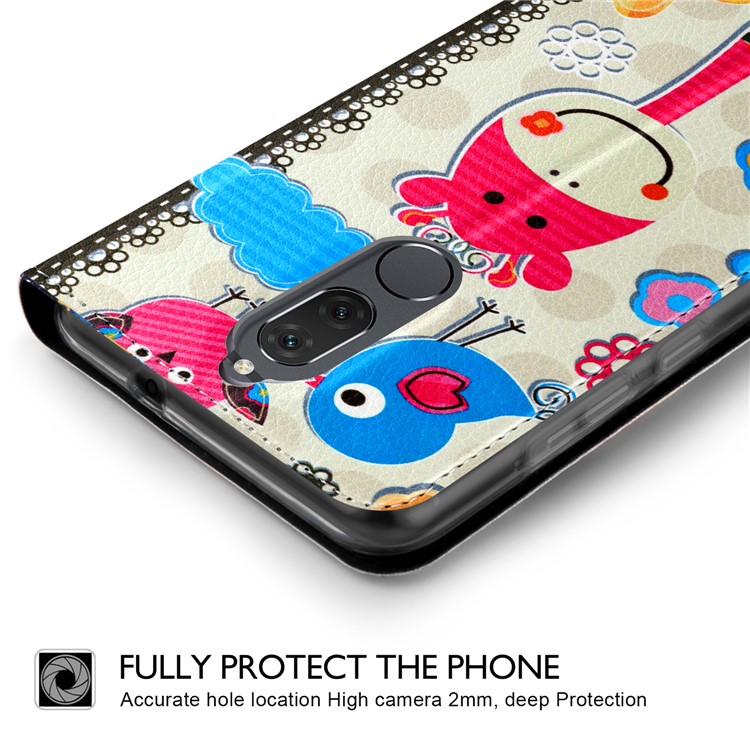 50Pcs/Lot Patterned Leather Auto-absorbed Magnetic Shell for Huawei Mate 10 Lite / nova 2i / Maimang 6 / Honor 9i (India) - Cute Birds and Flower-3