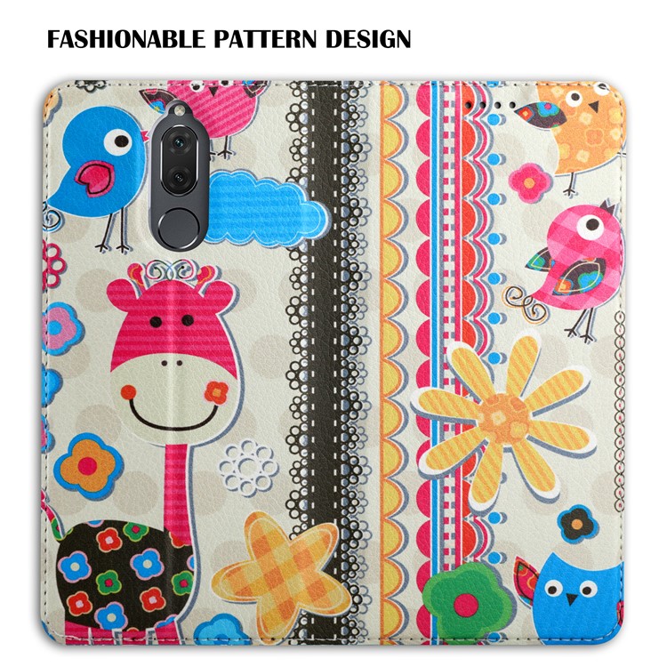 50Pcs/Lot Patterned Leather Auto-absorbed Magnetic Shell for Huawei Mate 10 Lite / nova 2i / Maimang 6 / Honor 9i (India) - Cute Birds and Flower-7