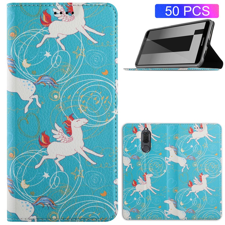 50Pcs/Lot Patterned Leather Auto-absorbed Magnetic Casing for Huawei Mate 10 Lite / nova 2i / Maimang 6 / Honor 9i (India) - Unicorns-1