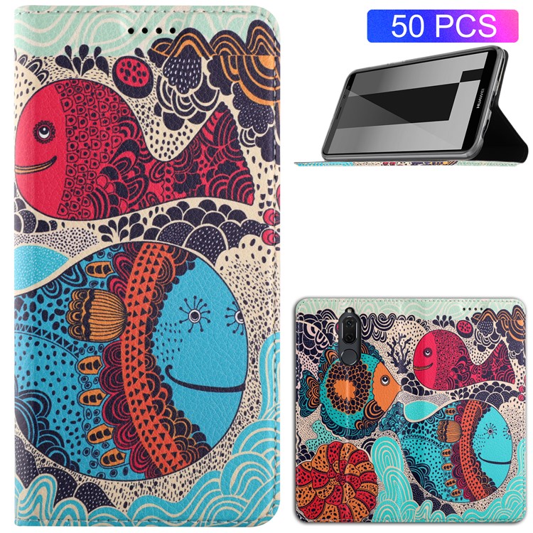 50Pcs/Lot Patterned Leather Stand Phone Casing for Huawei Mate 10 Lite / Honor 9i (India) - Cartoon Whales Painting-1