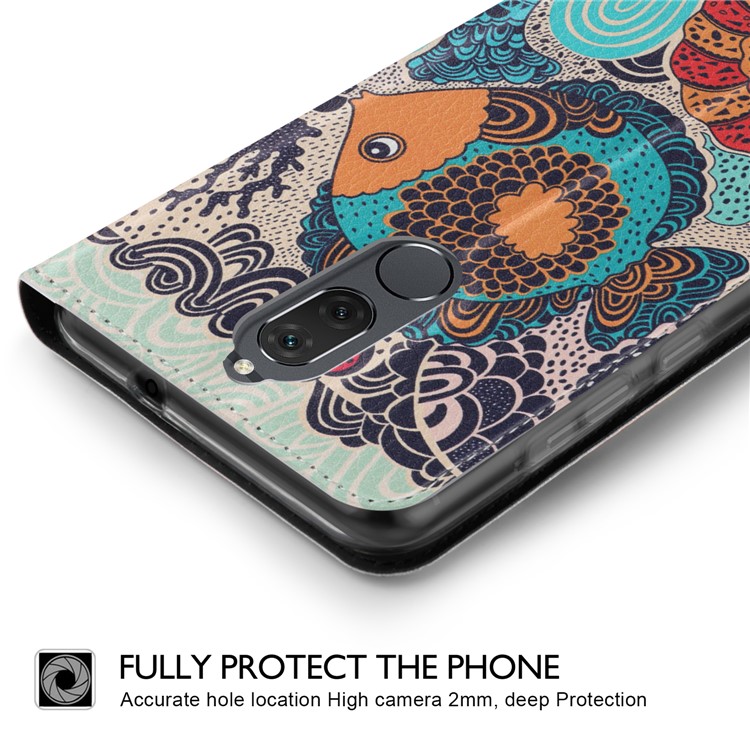 50Pcs/Lot Patterned Leather Stand Phone Casing for Huawei Mate 10 Lite / Honor 9i (India) - Cartoon Whales Painting-2