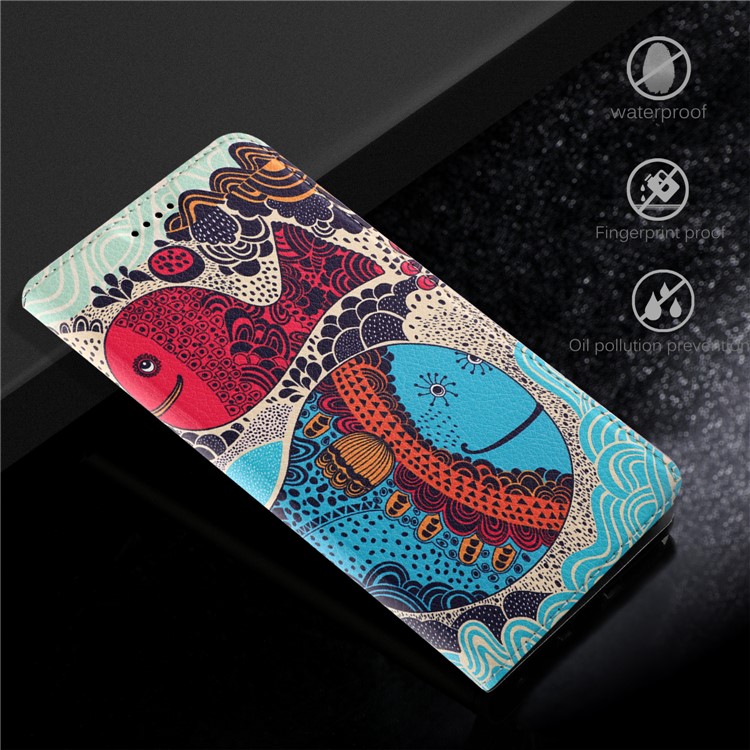 50Pcs/Lot Patterned Leather Stand Phone Casing for Huawei Mate 10 Lite / Honor 9i (India) - Cartoon Whales Painting-7