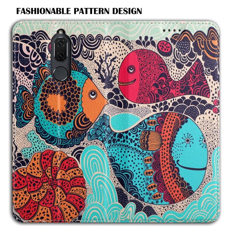 50Pcs/Lot Patterned Leather Stand Phone Casing for Huawei Mate 10 Lite / Honor 9i (India) - Cartoon Whales Painting-8