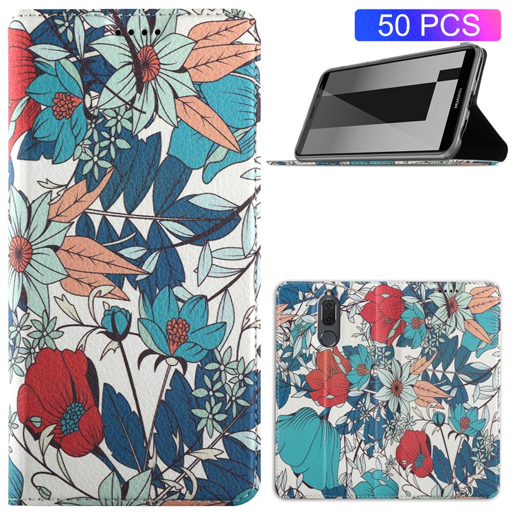50Pcs/Lot Patterned Leather Stand Mobile Shell for Huawei Mate 10 Lite / nova 2i / Honor 9i (India) - Pretty Flowers-1