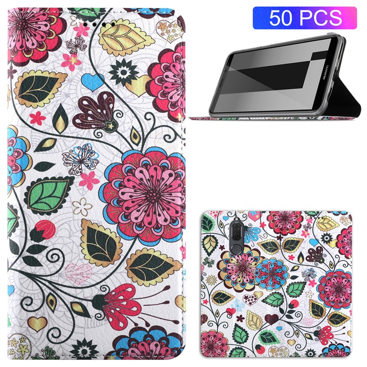 50Pcs/Lot Patterned Leather Stand Protective Case for Huawei Mate 10 Lite / nova 2i / Maimang 6 - Colorized Blossom-1