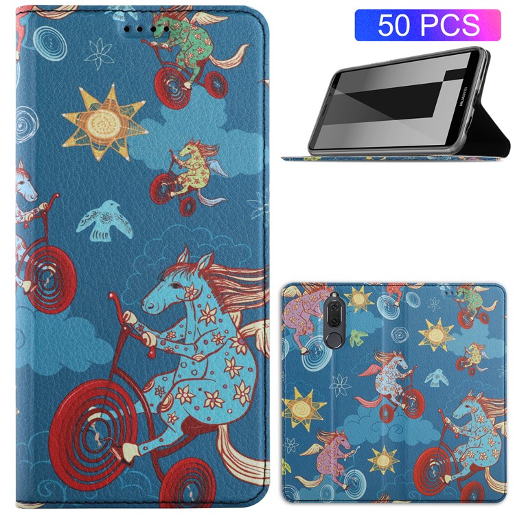 50Pcs/Lot Patterned Leather Stand Protection Casing for Huawei Mate 10 Lite / Honor 9i (India) - Horse Riding Bike-1