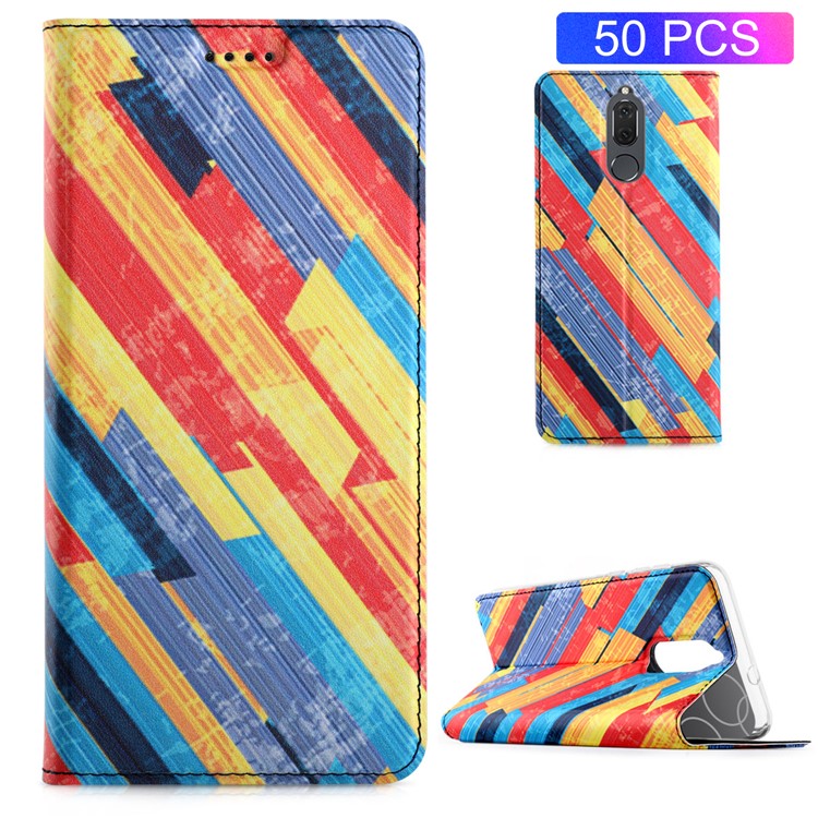50Pcs/Lot Patterned Leather Stand Mobile Phone Cover for Huawei Mate 10 Lite / nova 2i - Colorized Diagonal Stripes-1