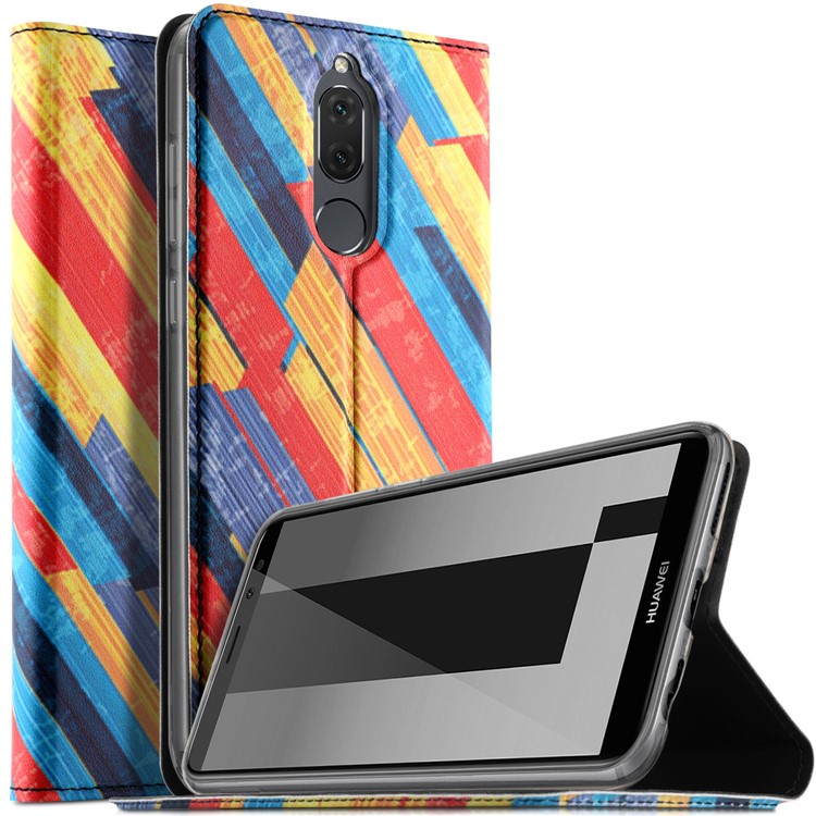 50Pcs/Lot Patterned Leather Stand Mobile Phone Cover for Huawei Mate 10 Lite / nova 2i - Colorized Diagonal Stripes-2