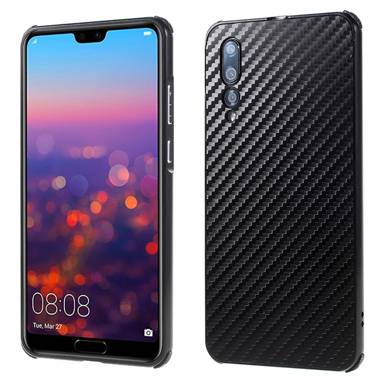 Electroplated Metal Bumper + Carbon Fiber PC Back Panel Slide-on Case for Huawei P20 Pro - Black-1